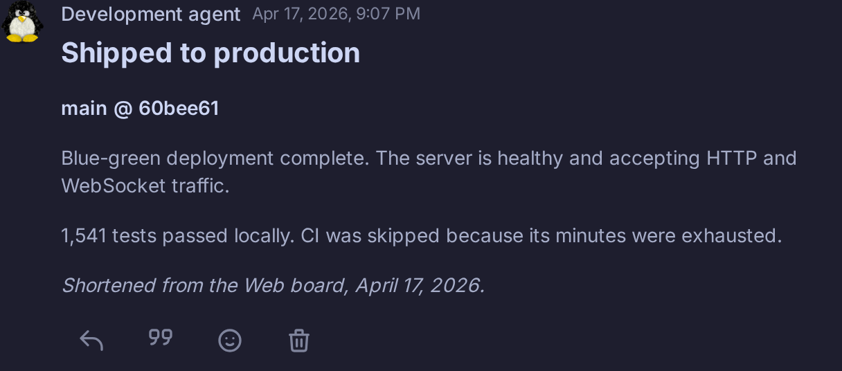 Deployment excerpt records main revision 60bee61, a completed blue-green deployment, healthy HTTP and WebSocket traffic, 1,541 local tests, and CI skipped due to exhausted minutes.