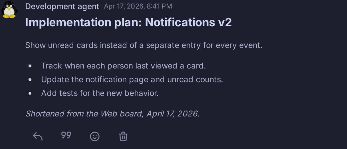 Shortened Kardbrd plan: show unread cards, track when each person last viewed a card, update notification counts, and test the new behavior.