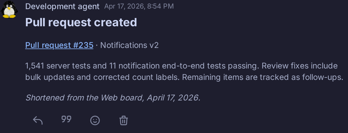 Kardbrd card excerpt links pull request 235, records 1,541 server tests and 11 end-to-end tests passing, and identifies review fixes and follow-up work.